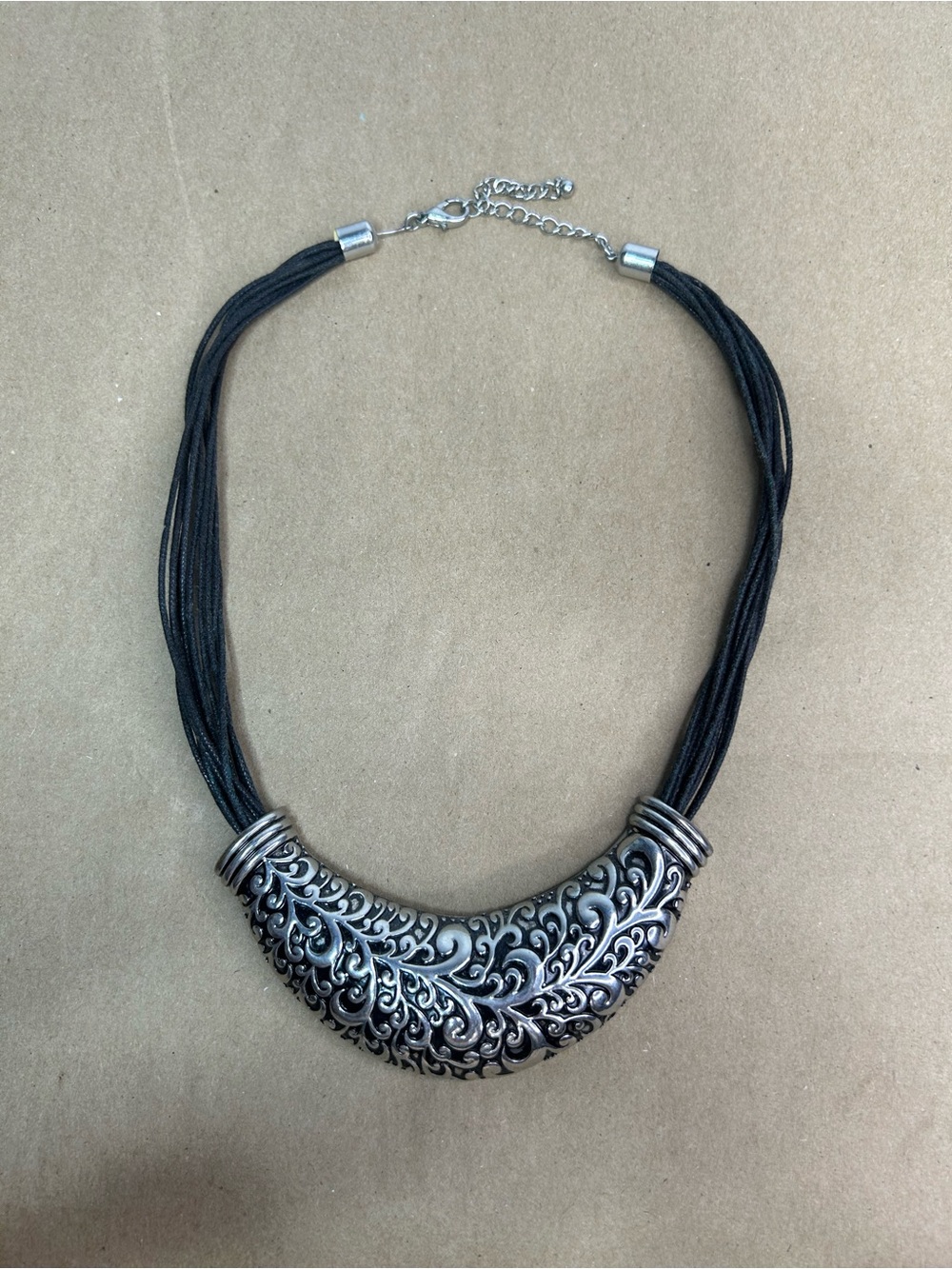 5 for $25🔥Silver Toned Bib Pendant Black Leather Cord‎ Necklace